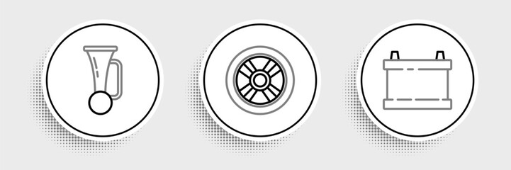 Set line Car battery, Signal horn on vehicle and wheel icon. Vector - obrazy, fototapety, plakaty