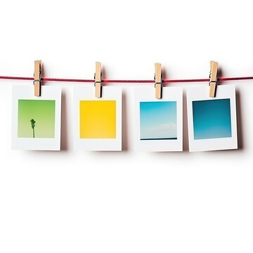 Hand Holding of Four Instant Photos, isolated on white background.