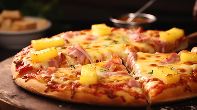 Hawaiian pizza with ham and pineapple cut into slices.