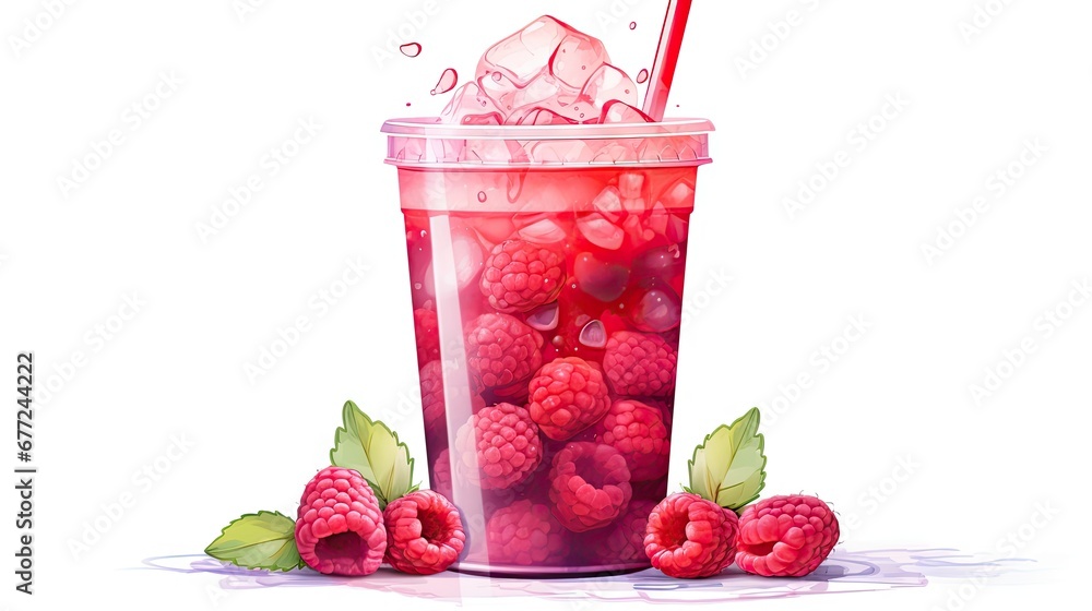 Poster a glass of raspberry iced tea with a straw and two raspberries on the side of it. generative ai