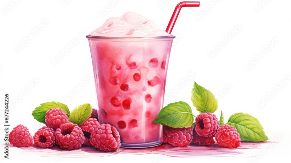 Poster a painting of a raspberry milkshake with whipped cream and fresh raspberries on the side. generative