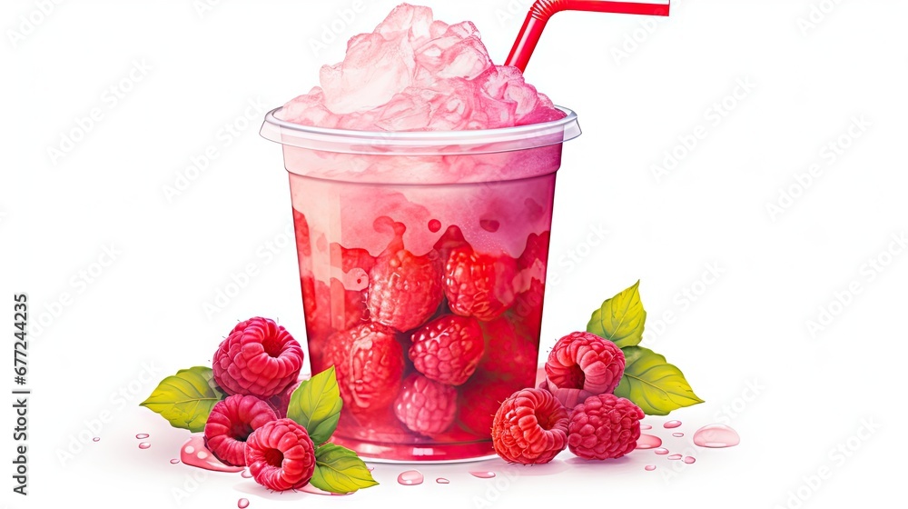 Aufkleber a cup of ice cream with raspberries and mints on a white background with a straw in it. generative a