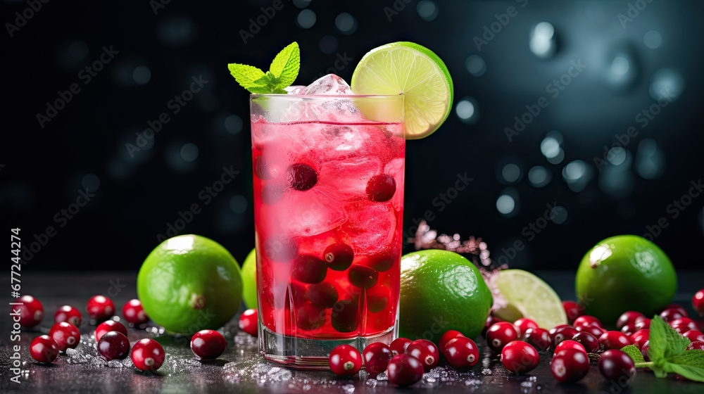 Poster a close up of a drink in a glass with limes and cranberries in front of a dark background. generativ