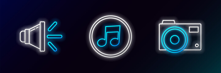 Set line Photo camera, Speaker volume and Music note, tone icon. Glowing neon. Vector