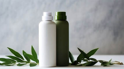 Cosmetic bottle containers with green herbal leaves, Blank label for branding mock-up, Natural beauty product concept.