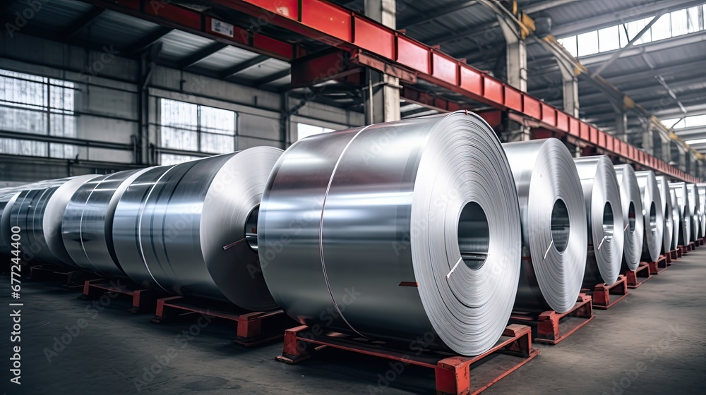Poster rolls of steel in a factory with a red rack in the foreground and a red rack in the background. gene