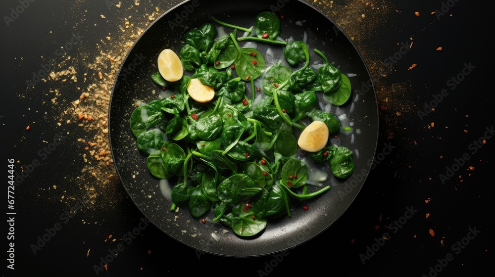 Poster a pan filled with spinach and potatoes on top of a black counter top with sprinkles on it. generativ