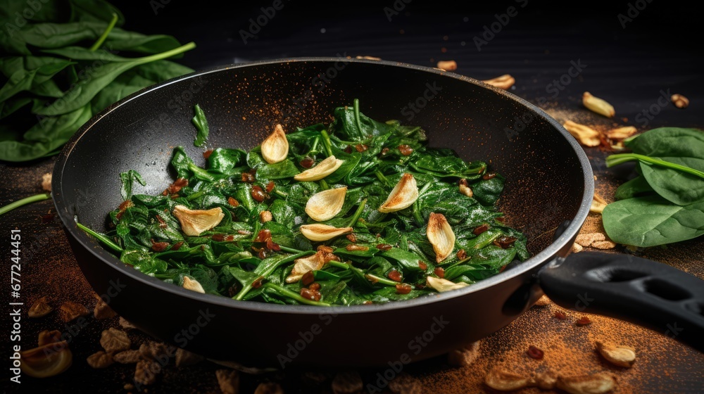 Poster a pan filled with spinach and almonds on top of a table next to spinach leaves and a spatula. genera