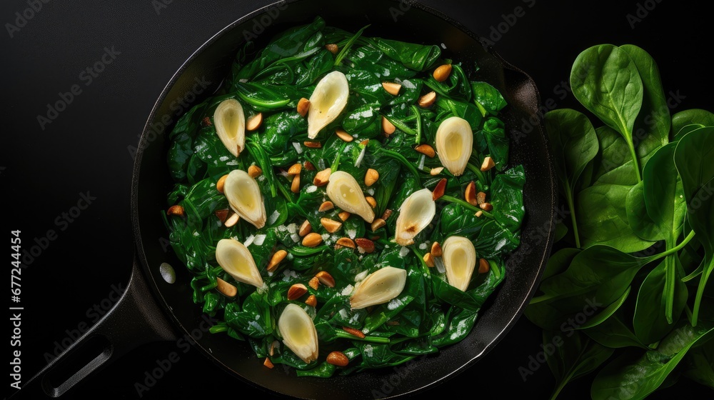 Poster a skillet filled with spinach and sliced almonds on top of a table next to a leaf of spinach. genera