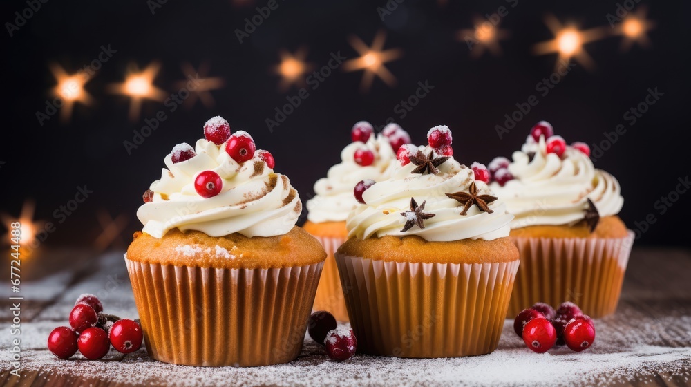 Aufkleber three cupcakes with white frosting and cranberries on a table with stars and lights in the backgroun