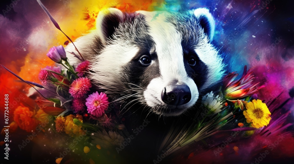 Poster a close up of a raccoon with flowers on it's face and a colorful background behind it. generative ai