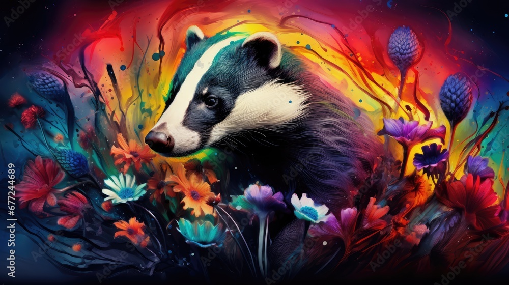 Poster a painting of a badger in a field of flowers with a multicolored background of flowers and a rainbow