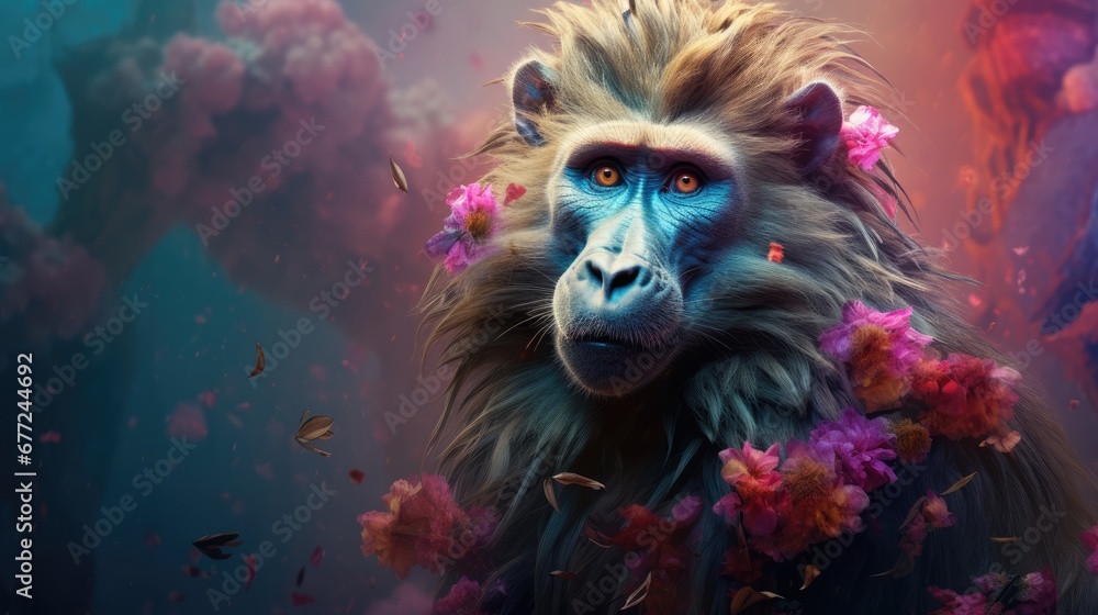 Poster a close up of a monkey with flowers on it's head and a sky background with clouds and flowers. gener