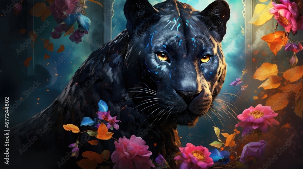 Poster a black panther standing in front of a vibrant array of flowers, with a blurred background the panth