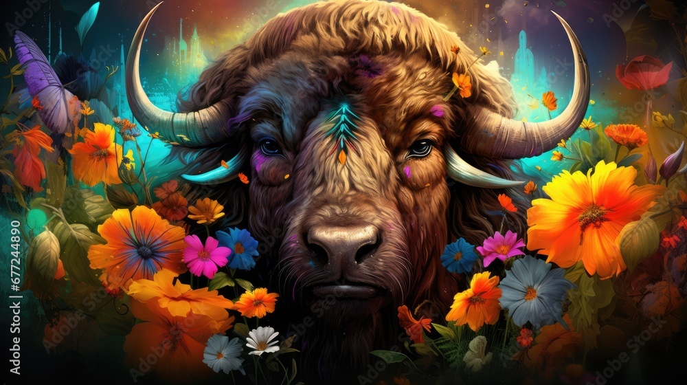 Poster a painting of a bison in a field of flowers with a butterfly on it's forehead and a castle in the ba