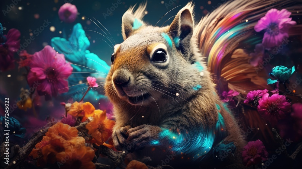 Poster a close up of a squirrel with flowers in the background and a bird in the foreground of the image. g
