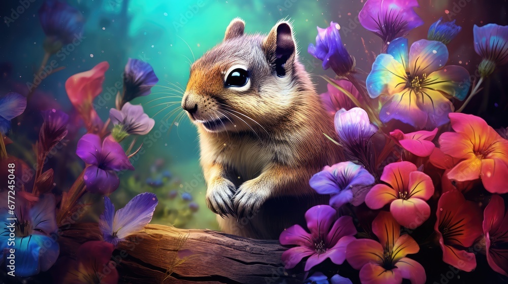 Aufkleber a painting of a squirrel sitting on a tree branch surrounded by colorful flowers and a forest of tre