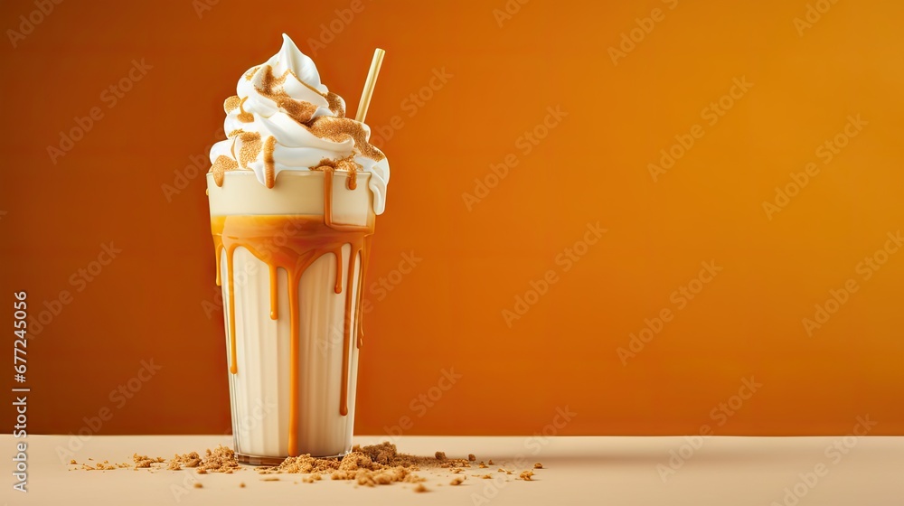 Poster a milkshake with whipped cream and caramel drizzled on top of it on a table. generative ai
