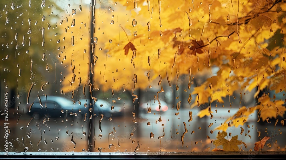 Poster a view of a street through a window with raindrops on the glass and a yellow tree in the background.