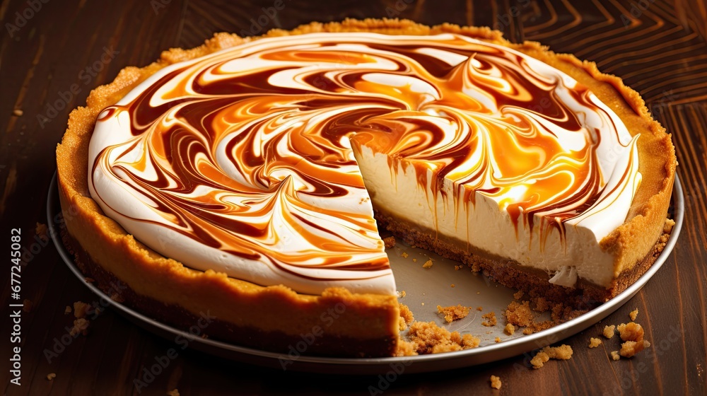 Poster a cheesecake with a slice cut out of it on a plate on a wooden table with a piece missing from it. g