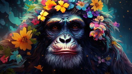 Fototapeta na wymiar a close up of a monkey with flowers on it's head and a flower crown on it's head. generative ai