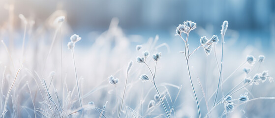 Winter wallpaper background, with frozen leaves and snow, empty copy space 