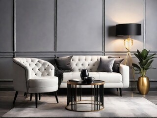 Tufted armchair and coffee table with lamps near black and white wall. Interior design of modern living room.