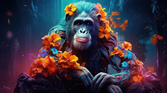  a digital painting of a gorilla with flowers around his neck and hands on his chest, with a dark background.  generative ai