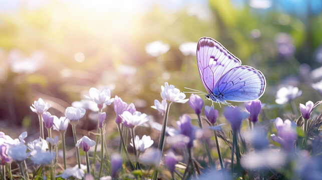 Purple butterfly on wild white violet flowers in grass in rays of sunlight, macro. Spring summer fresh artistic image of beauty morning nature. Selective soft focus.
