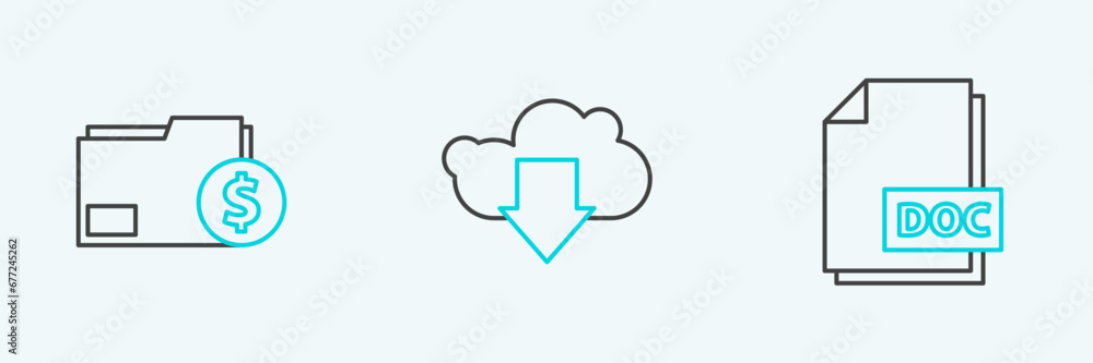 Poster set line doc file document, finance folder and cloud download icon. vector