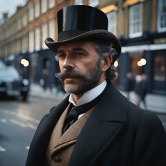 The old man with the hat in the London street in retro style