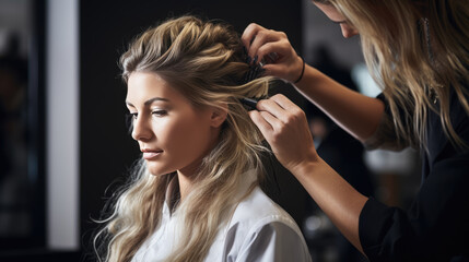 Fototapeta premium A hairstylist working on a woman's hair, carefully styling it, while the woman, with professionally done makeup, is seen in profile against a blurred salon background.