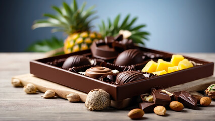 Set of chocolate candies in box. Pineapple candies. Healthy sweets