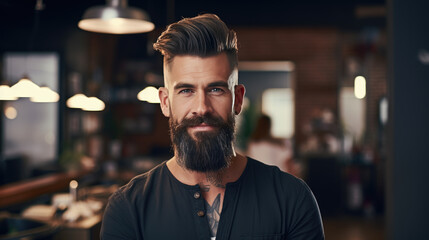Stylish, bearded man with a neat haircut posing with an intense gaze and a serious expression in a modern barbershop setting. - obrazy, fototapety, plakaty