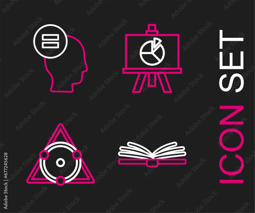 Poster set line open book, triangle math, chalkboard with diagram and calculation icon. vector