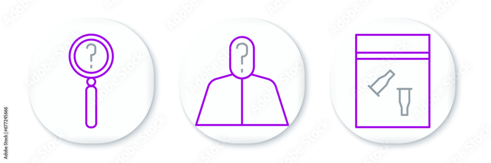 Poster set line evidence bag and bullet, magnifying glass with search and anonymous question mark icon. vec