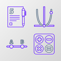 Set line Calculator, Graph, schedule, chart, diagram, and Test exam sheet and pen icon. Vector