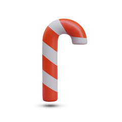 Front view on candy cane. Traditional Christmas stick. Xmas candy with red and white stripes on white background. Vector illustration in 3d realistic style