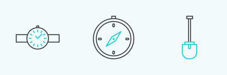 Set line Shovel, Wrist watch and Compass icon. Vector