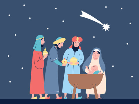 Happy epiphany banner. Three wise men with gifts for baby jesus, flat religion or mythology scene. Holy festival of faith, christian recent vector characters