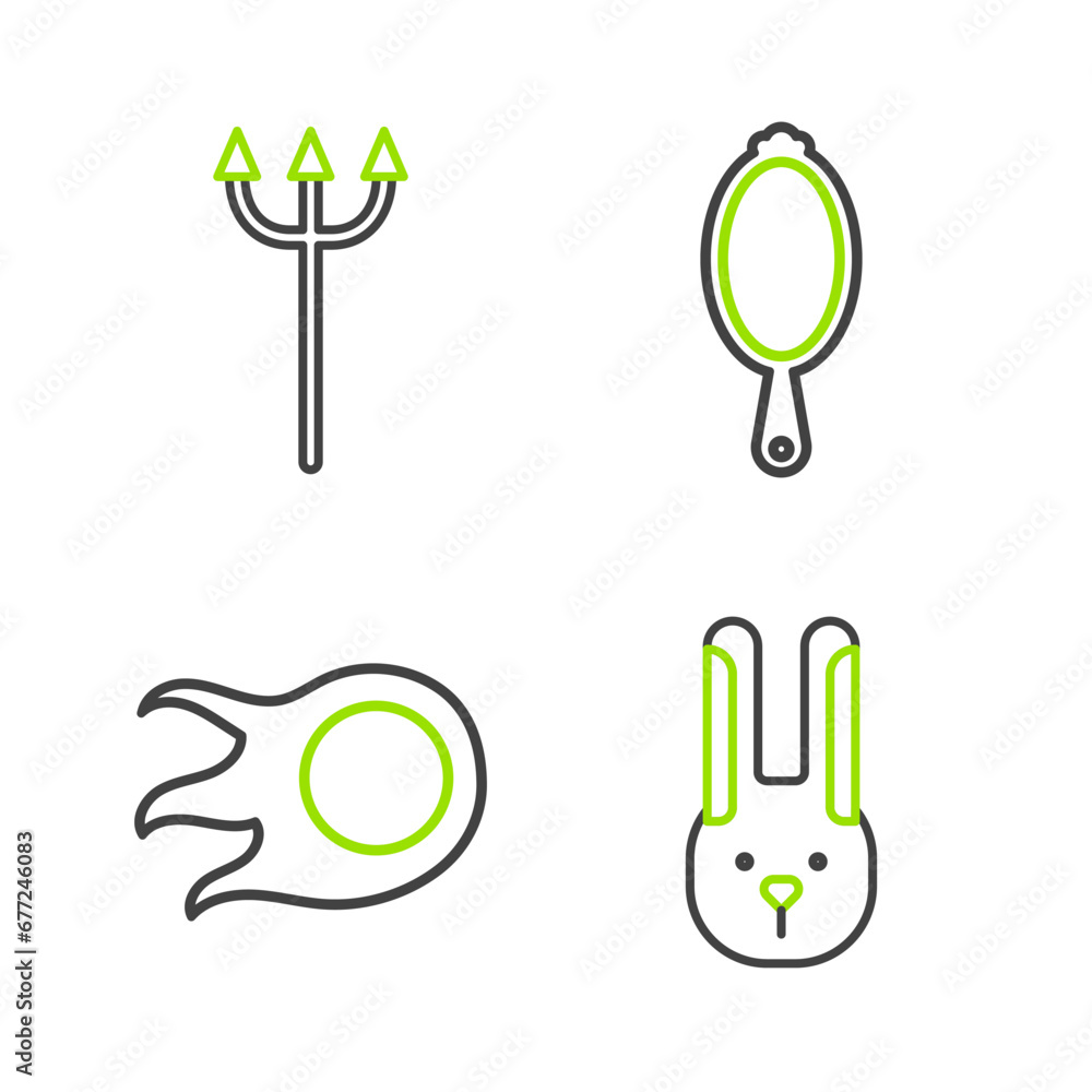 Sticker set line rabbit with ears, fireball, magic hand mirror and neptune trident icon. vector