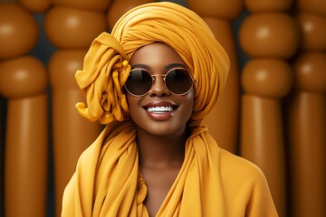 Portrait of positive happy young African American woman wearing yellow turban and yellow ethnic dress. Smiling black lady in stylish sunglasses against volume yellow background. - obrazy, fototapety, plakaty