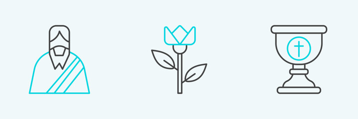 Set line Christian chalice, Jesus and Flower tulip icon. Vector