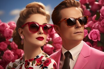 Fototapeta premium Beautiful Caucasian couple dressed in 50s-60s retro fashion, wearing sunglasses posing in blooming garden. Charming blonde lady in a dress with floral print and respectable man in stylish pink suit.