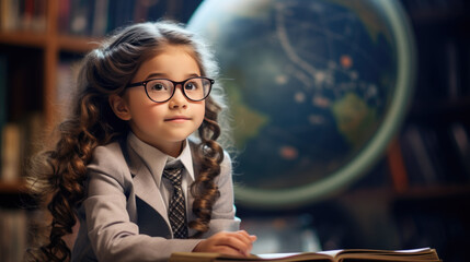 A cheerful child with a globe and a bookshelf filled with books in the background, suggesting a theme of learning and curiosity.