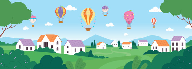 Hot air balloons landscape. Village in valley with cute white houses at mountains. Cozy rural panoramic landscape. Outdoor travel racy vector scene