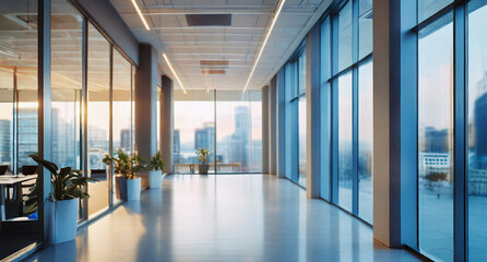 Empty modern office hall with panoramic windows and beautiful lighting and a blurred background of the cityscape