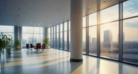 Empty modern office hall with panoramic windows and beautiful lighting and a blurred background of the cityscape