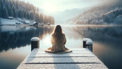 Relaxing by lake on pier - mindful meditation with scenic waterfall view - obrazy, fototapety, plakaty