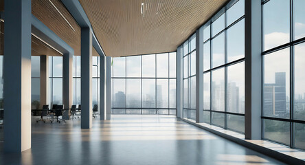 Empty modern office hall with panoramic windows and beautiful lighting and a blurred background of the cityscape